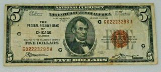 1929 $5 National Currency Federal Chicago Brown Seal