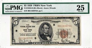 1929 $5 York Ny Federal Reserve Bank Note Brown National Currency ( (pmg 25))