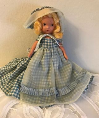 Antique Vintage Nancy Ann Storybook Doll Blue Gingham Dress Blonde Hair