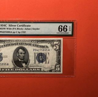 1934 C - $5 Silver Certificate Note,  Graded By Pmg Gem Uncirculated 66 Epq.