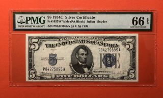 1934 C - $5 SILVER CERTIFICATE NOTE,  GRADED BY PMG GEM UNCIRCULATED 66 EPQ. 2
