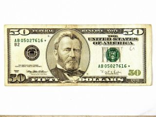1996 $50 Star Note Bill Low S/n - Block - Ab 05027616 Circulated.