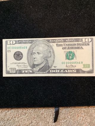 Unc 2001 $10 Dollar Bill Very Low Serial Number 00000546
