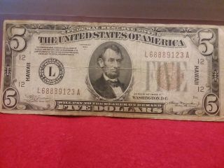 1934 - A United States $5 Five Dollar Hawaii Brown Seal Federal Reserve Note
