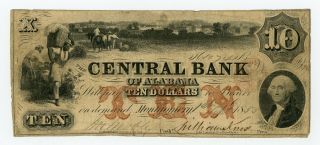 1855 $10 The Central Bank - Montgomery,  Alabama Note W/ Slaves