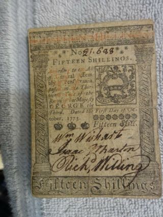 October 1,  1773 - 15 Shillings Pennsylvania Colonial Note - Hall And Sellers