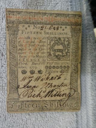 October 1,  1773 - 15 Shillings Pennsylvania Colonial Note - Hall and Sellers 3