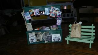 Ooak Dollhouse Miniature 1:12 Newsstand With Bench And Filled Grocery Bag