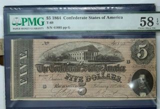 1864 $5 Dollar Confederate States Currency Civil War Note Money T - 69 Pmg 58