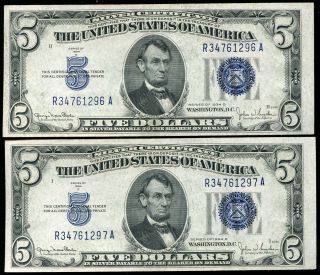 (2) Consecutive 1934 - D $5 Five Dollars Silver Certificates Gem Uncirculated