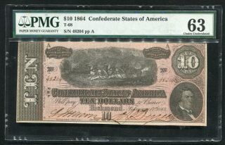 T - 68 1864 $10 Csa Confederate States Of America Currency Note Pmg Unc - 63
