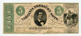 1862 Cr.  13 $5 Virginia Treasury Note - Civil War Era Au