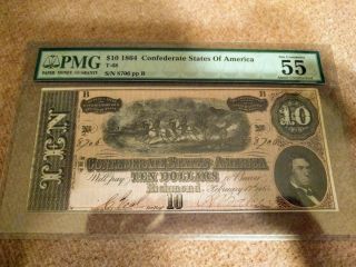 T - 68 1864 $10 Confederate States Of America Ten Dollar Note Bill - Pmg Au 55