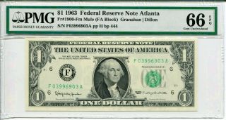 1963 $1 Federal Reserve Mule Note Atlanta Fr 1900 - Fm Pmg 66epq