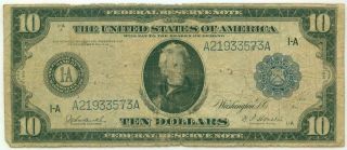 1914 $10 United States Federal Reserve Note Blue Seal Boston Burke Houston