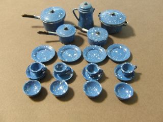 Vintage Miniature Dollhouse 21 Pc Blue Granite Ware Dish And Pan Set