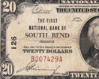 1929 $20 First Nb Of South Bend,  In National Banknote B007429a