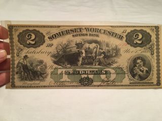 1862 Authentic Somerset And Worcester $2 Bank Note,  Maryland