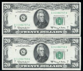 (2) Consecutive 1963 - A $20 Frn Federal Reserve Notes Chicago,  Il Gem Unc