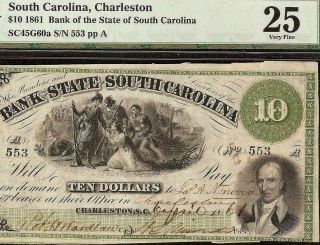 1861 $10 Dollar South Carolina Bank Note Large Currency Old Paper Money Pmg 25