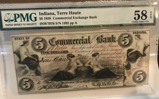 1858 Indiana Terre Haute $5 Commercial Exchange Bank Note Inw7976 Pmg Au58