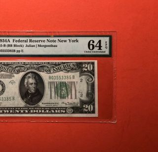 1934a - $20 Federal Reserve Note (york),  Graded By Pmg Choice Unc 64epq.