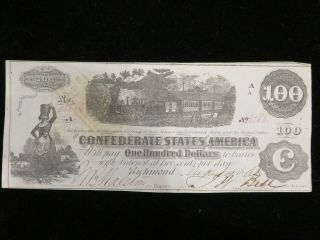 1864 Confederate States Of America Richmond One Hundred Dollar Bill Z237