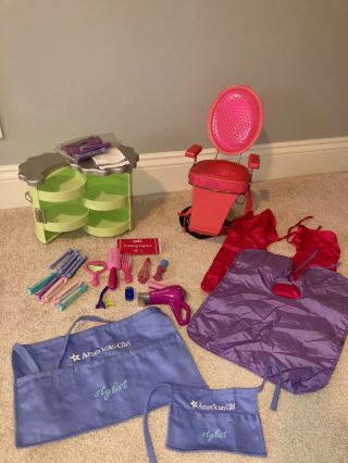 American Girl Ag Doll Pink Salon Chair & Purple Caddy Bonus Styling Accessories