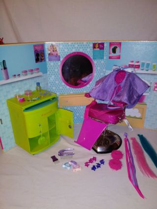 American Girl Doll Pink Glitter Salon Chair,  Green Caddy,  32 Pc Accessories
