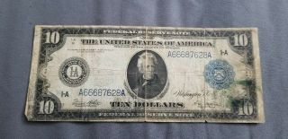 Large 1914 $10 Ten Dollar Federal Reserve Note Boston Old Paper Money Gift