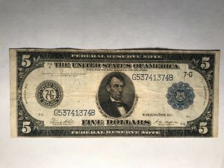 1914 $5 Federal Reserve Large Size Us Note - Vf,  Some Crisp Typeii