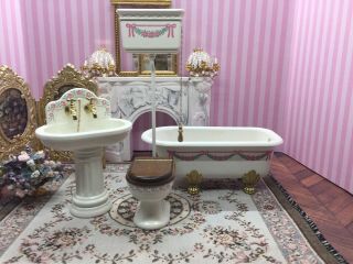 3pc Dollhouse Miniature Reutter Cast Metal Pink Roses Bathroom Set Wooden Seat