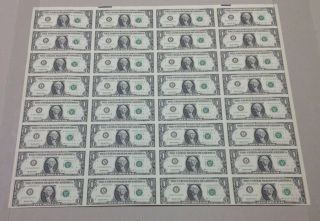 Uncut Sheet Of 32 X $1 One Dollar Bills - U.  S.  Paper Currency Notes Series 1995