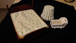 Vintage Miniature Dollhouse Furniture Parents And Baby Bedroom Set Wood Cloth