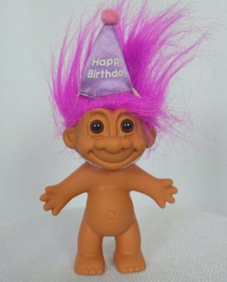 Russ Troll Doll Naked With Happy Birthday Hat Pink Hair Vintage China 4 " 18363