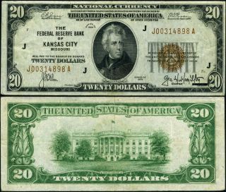 Fr.  1870 J $20 1929 Federal Reserve Bank Note Kansas City J - A Block Xf
