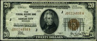 FR.  1870 J $20 1929 Federal Reserve Bank Note Kansas City J - A Block XF 2