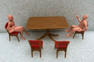 Vintage Blue Box Dollhouse Dining Table W/ 4 Chairs Man Women People Red Chairs