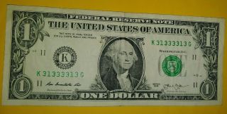2013 $1 dollar Federal Reserve Note with Binary/Radar Note.  $$$$$$ 2