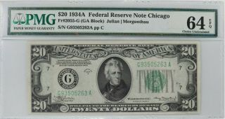 1934 A $20 Federal Reserve Note Chicago Pmg Certified 64 Epq Choice Unc (263a)