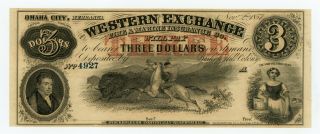 1857 $3 Western Exchange - Omaha City,  Nebraska Note W/ Indian Hunting Buffalo