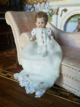 Dollhouse Miniature Artisan Porcelain Baby Doll In Christening Dress 1:12