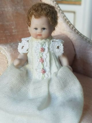 Dollhouse Miniature Artisan Porcelain Baby Doll in Christening Dress 1:12 2