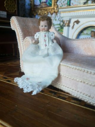 Dollhouse Miniature Artisan Porcelain Baby Doll in Christening Dress 1:12 3
