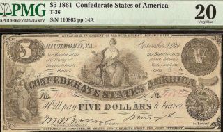 1861 $5 Dollar Bill Confederate States Currency Civil War Note Money T - 36 Pmg 20