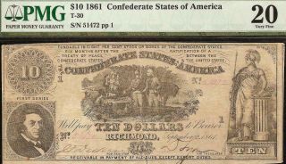 1861 $10 Dollar Confederate States Currency Civil War Note Money T - 30 Pmg 20