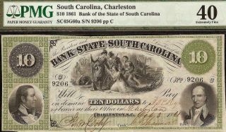 1861 $10 Dollar South Carolina Bank Note Large Currency Old Paper Money Pmg 40