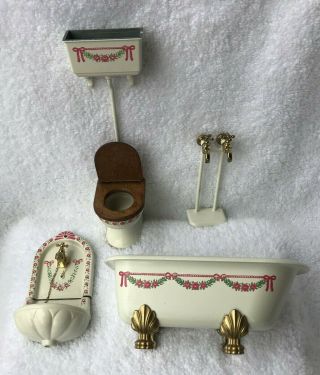 Ceramic Dollhouse Furniture Bathroom Set Footed Tub Toilet Sink White Pink