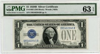 1928 - B $1 Silver Certificate Pmg 63 Choice Uncirculated Epq Woods Mills Bg351