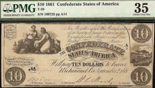 1861 $10 Dollar Bill Confederate States Currency Civil War Note T - 28 Pmg 35